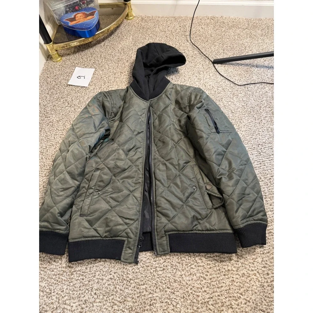 Capsule boys Olive Green Quilted Bomber Jacket Black Hooded Full Zip Large